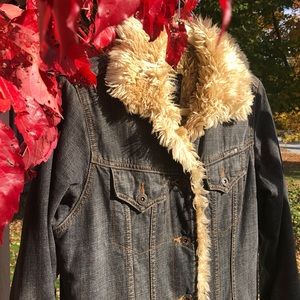 Lucky Brand long denim faux fur lined jacket